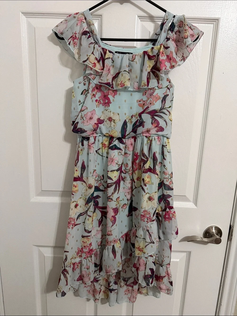 Girls Light Blue Floral Ruffle Sundress